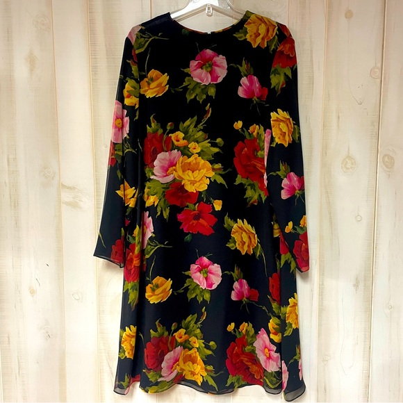 Ellen Tracy Dresses & Skirts - Linda Allard Ellen Tracy Silk Black Pink Floral Long Sleeve Sheath Dress Sz 18